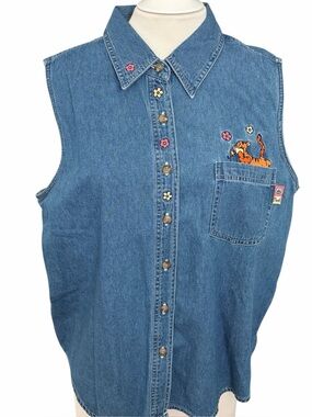 Vtg Denim Disney Jean Vest Size XL Sleeveless Cotton Embroidered POOH